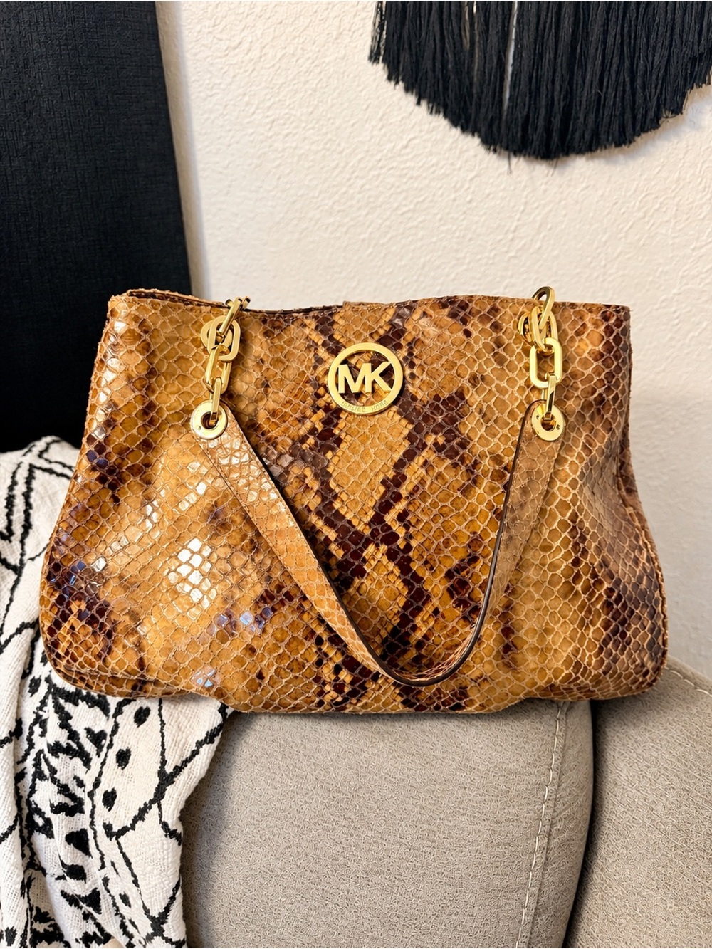 Michael Kors Gold-Tone Brown Snake-Print Shoulder Bag